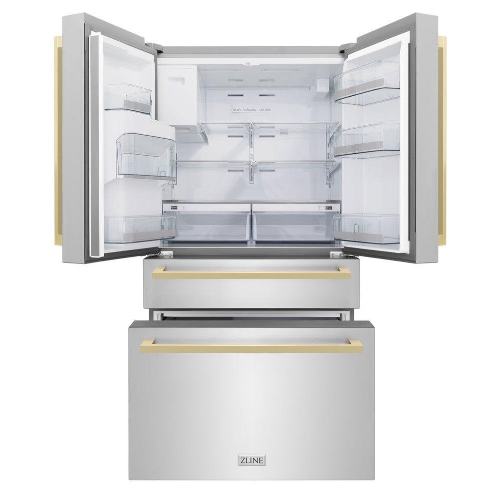 Autograph Edition 36 In. 21.6 Cu. Ft. Counter-depth French Door Refrigerator With Water And Ice Dispenser In Fingerprint-resistant Stainless Steel With Champagne Bronze Modern Handles RFMZW36FCB