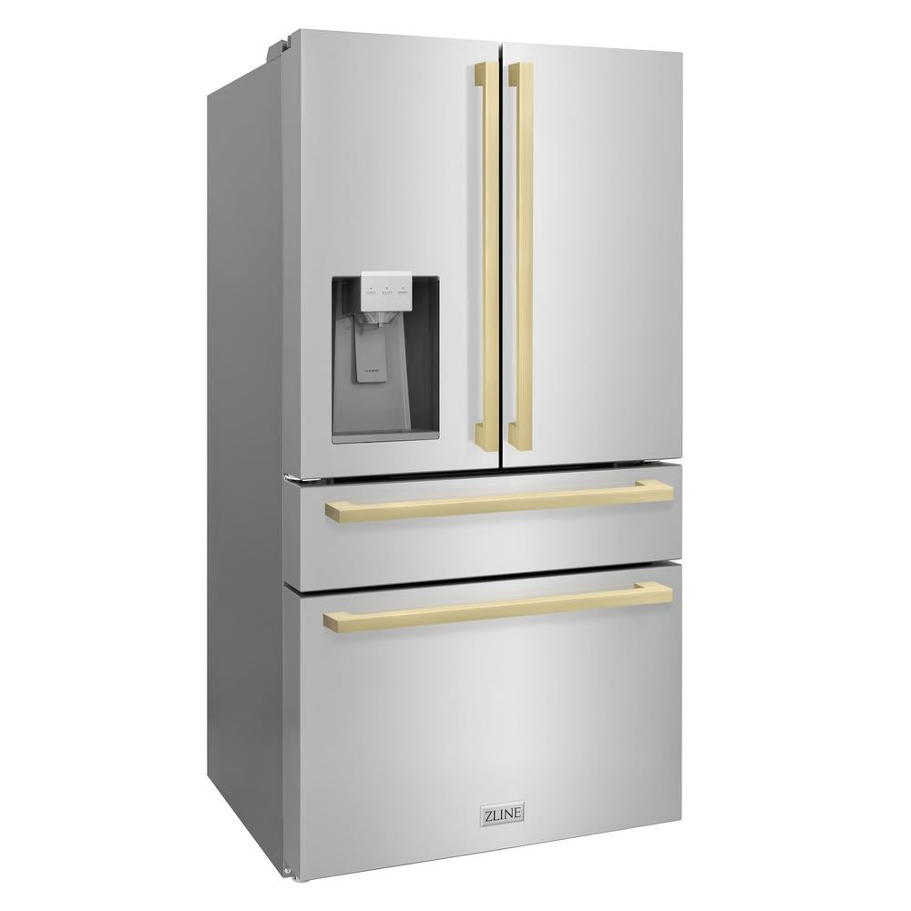 Autograph Edition 36 In. 21.6 Cu. Ft. Counter-depth French Door Refrigerator With Water And Ice Dispenser In Fingerprint-resistant Stainless Steel With Champagne Bronze Modern Handles RFMZW36FCB