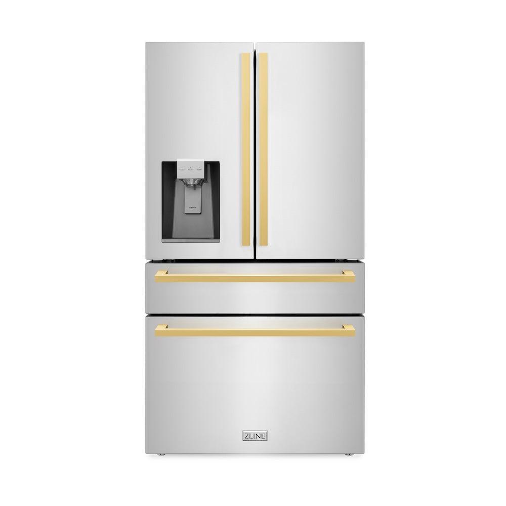 Autograph Edition 36 In. 21.6 Cu. Ft. Counter-depth French Door Refrigerator With Water And Ice Dispenser In Fingerprint-resistant Stainless Steel With Polished Gold Modern Handles RFMZW36FG