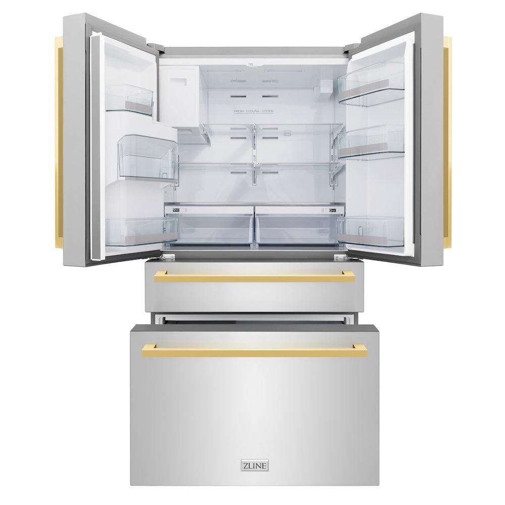 Autograph Edition 36 In. 21.6 Cu. Ft. Counter-depth French Door Refrigerator With Water And Ice Dispenser In Fingerprint-resistant Stainless Steel With Polished Gold Modern Handles RFMZW36FG