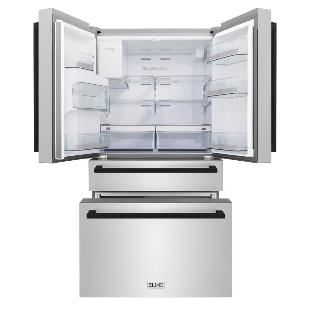ZLINE Autograph Edition 36 in. 21.6 cu. ft. Counter-Depth French Door Refrigerator with Water and Ice Dispenser in Fingerprint-Resistant Stainless Steel with Matte Black Modern Handles (RFMZ- RFMZW36FMB