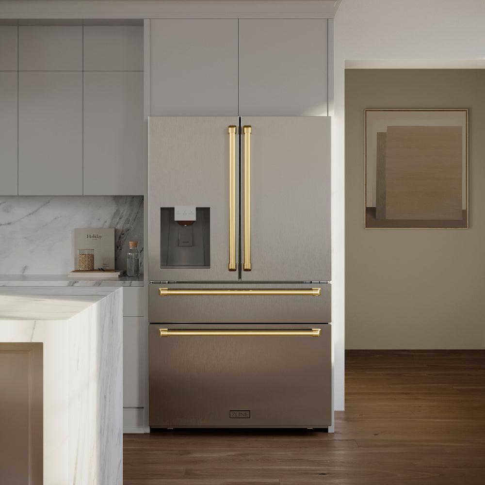 Autograph Edition 36 In. 21.6 Cu. Ft. Counter-depth French Door Refrigerator With Water And Ice Dispenser In Fingerprint-resistant Stainless Steel With Polished Gold Traditional Handles RFMZW