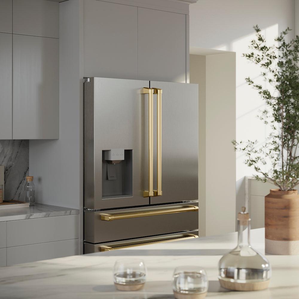 Autograph Edition 36 In. 21.6 Cu. Ft. Counter-depth French Door Refrigerator With Water And Ice Dispenser In Fingerprint-resistant Stainless Steel With Polished Gold Traditional Handles RFMZW36G