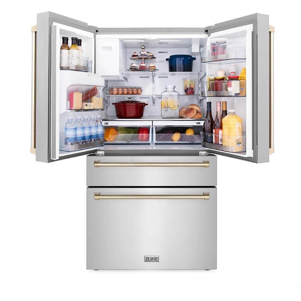 Autograph Edition 36 In. 21.6 Cu. Ft. Counter-depth French Door Refrigerator With Water And Ice Dispenser In Fingerprint-resistant Stainless Steel With Polished Gold Traditional Handles RFMZW36G