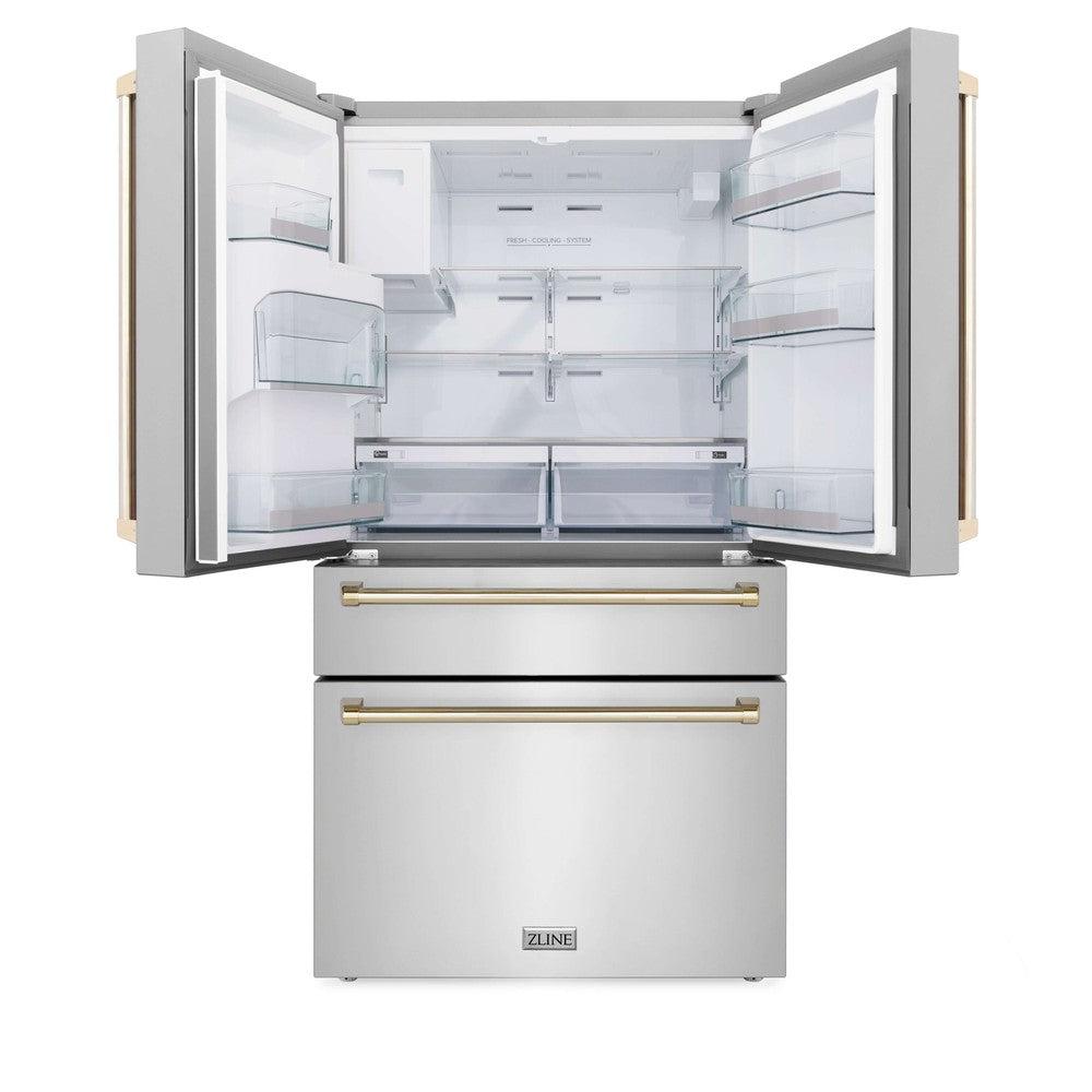 Autograph Edition 36 In. 21.6 Cu. Ft. Counter-depth French Door Refrigerator With Water And Ice Dispenser In Fingerprint-resistant Stainless Steel With Polished Gold Traditional Handles RFMZW36G