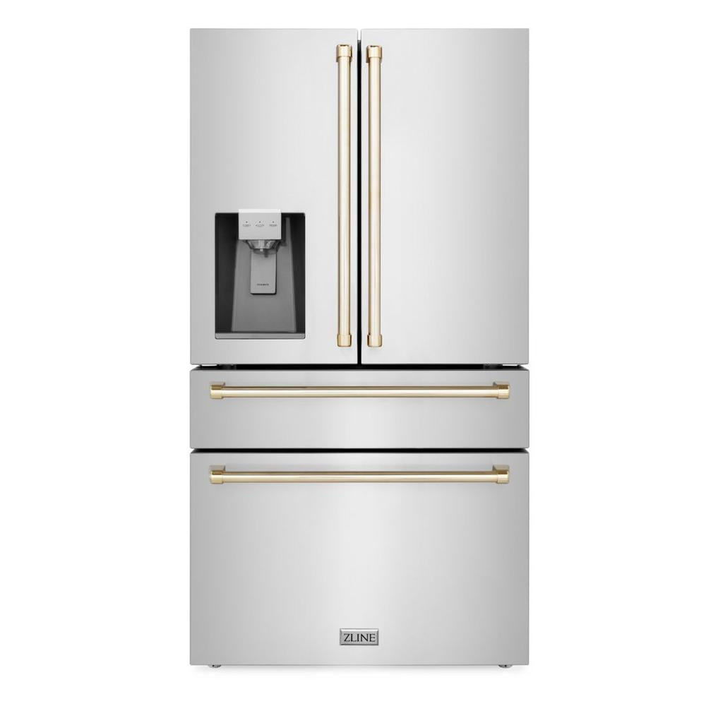 Autograph Edition 36 In. 21.6 Cu. Ft. Counter-depth French Door Refrigerator With Water And Ice Dispenser In Fingerprint-resistant Stainless Steel With Polished Gold Traditional Handles RFMZW36G