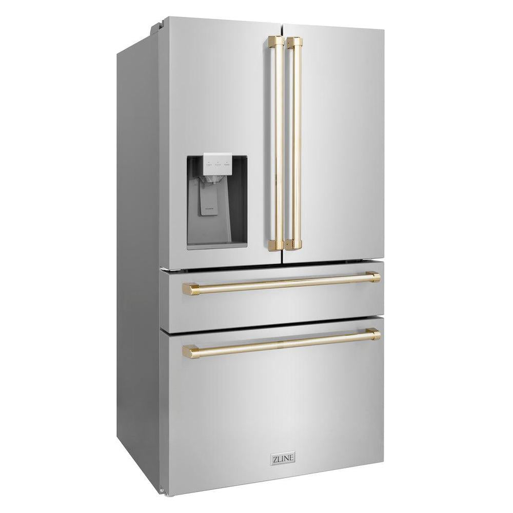 Autograph Edition 36 In. 21.6 Cu. Ft. Counter-depth French Door Refrigerator With Water And Ice Dispenser In Fingerprint-resistant Stainless Steel With Polished Gold Traditional Handles RFMZW36G