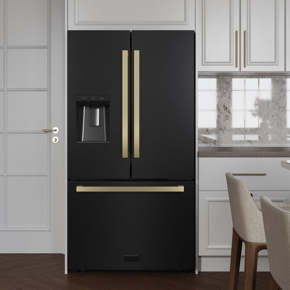 Autograph Edition 36 In. 28.9 Cu. Ft. Standard-depth French Door External Water Dispenser Refrigerator With Dual Ice Maker In Fingerprint-resistant Black Stainless Steel And Champagne Bronze RSMZW36BSFCB