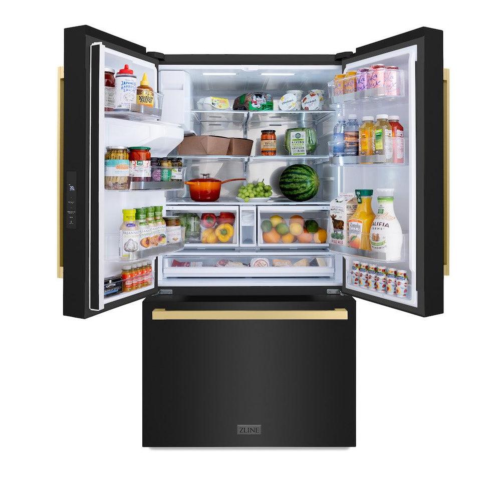 Autograph Edition 36 In. 28.9 Cu. Ft. Standard-depth French Door External Water Dispenser Refrigerator With Dual Ice Maker In Fingerprint-resistant Black Stainless Steel And Champagne Bronze RSMZW36BSFCB