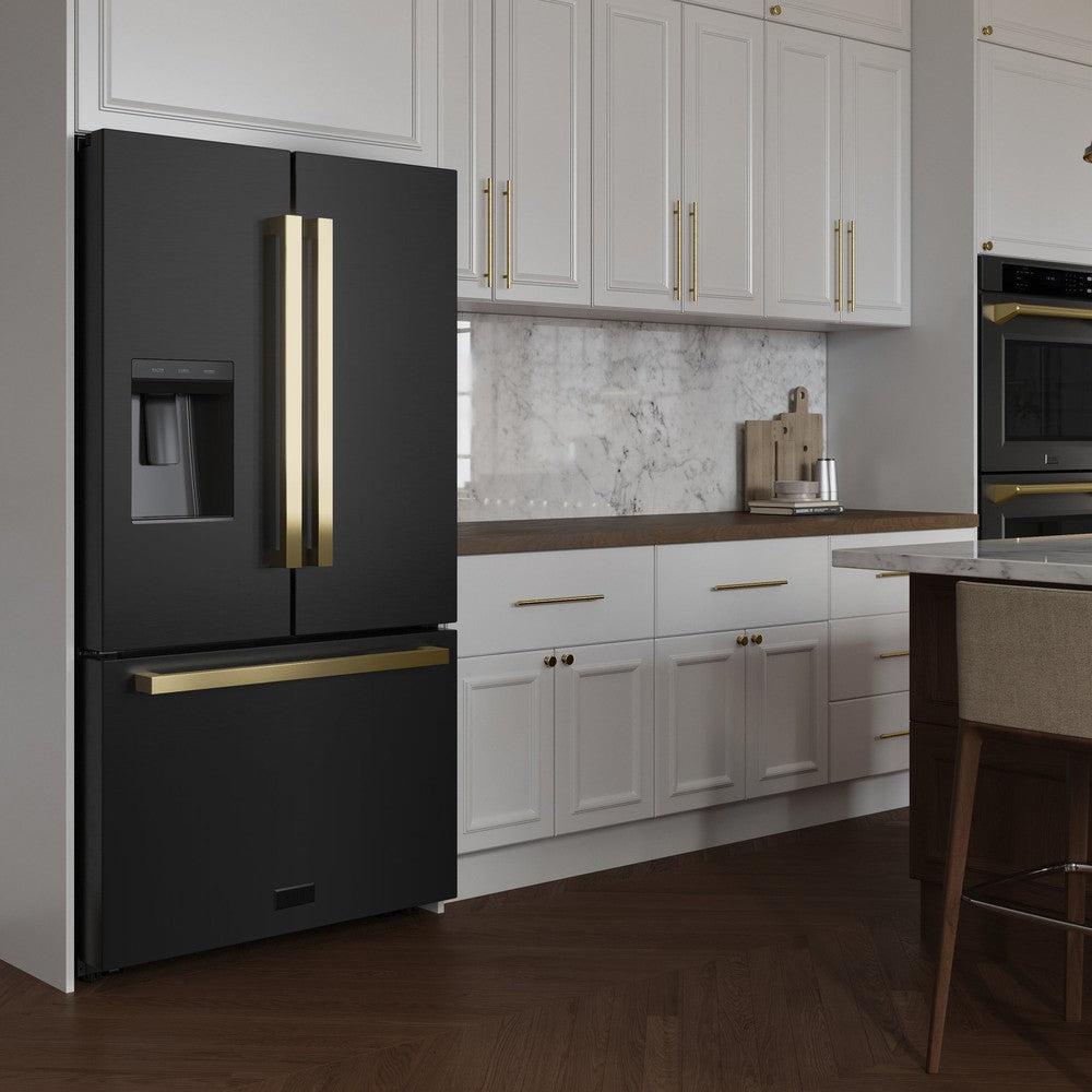 Autograph Edition 36 In. 28.9 Cu. Ft. Standard-depth French Door External Water Dispenser Refrigerator With Dual Ice Maker In Fingerprint-resistant Black Stainless Steel And Polished Gold Mod RSMZW36BSFG