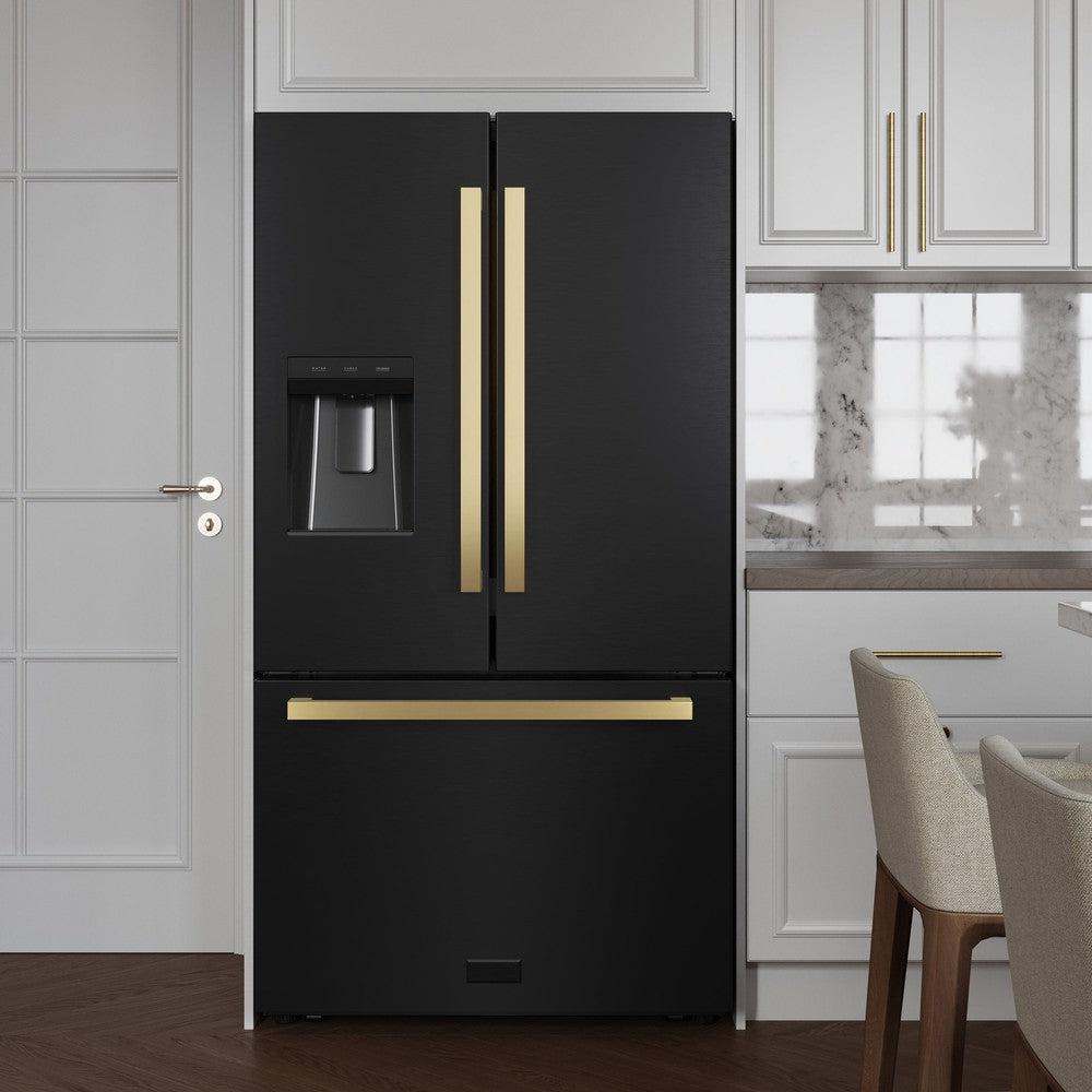 Autograph Edition 36 In. 28.9 Cu. Ft. Standard-depth French Door External Water Dispenser Refrigerator With Dual Ice Maker In Fingerprint-resistant Black Stainless Steel And Polished Gold Mod RSMZW36BSFG