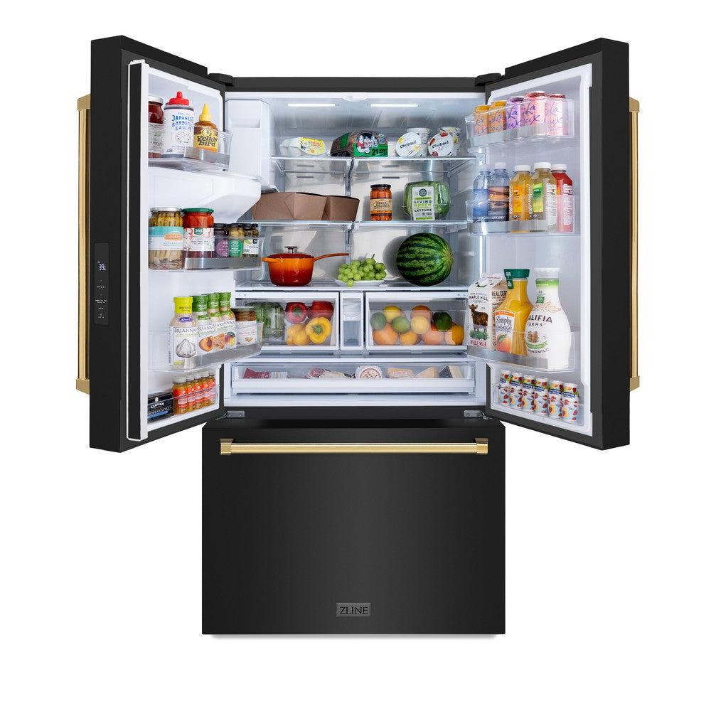 Autograph Edition 36 In. 28.9 Cu. Ft. Standard-depth French Door External Water Dispenser Refrigerator With Dual Ice Maker In Fingerprint-resistant Black Stainless Steel And Polished Gold Tra RSMZW36BSG