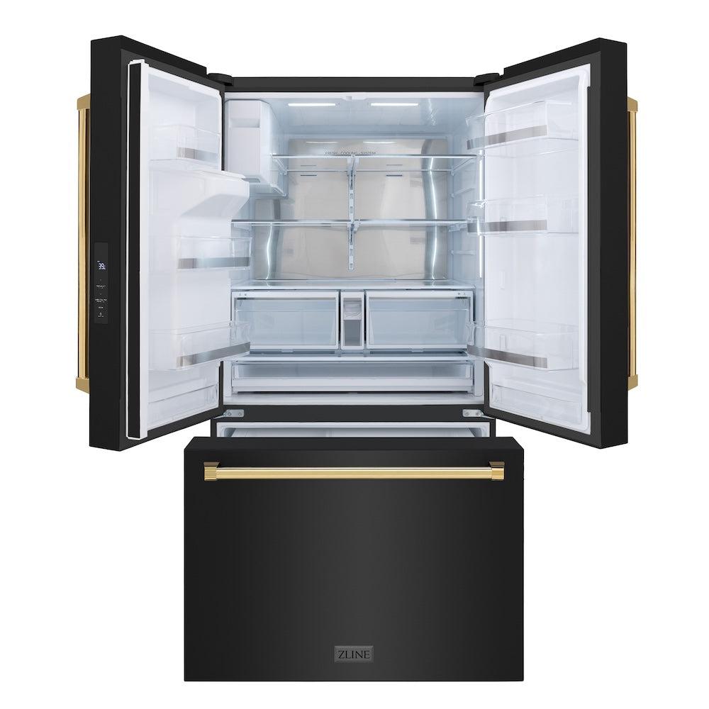 Autograph Edition 36 In. 28.9 Cu. Ft. Standard-depth French Door External Water Dispenser Refrigerator With Dual Ice Maker In Fingerprint-resistant Black Stainless Steel And Polished Gold Tra RSMZW36BSG