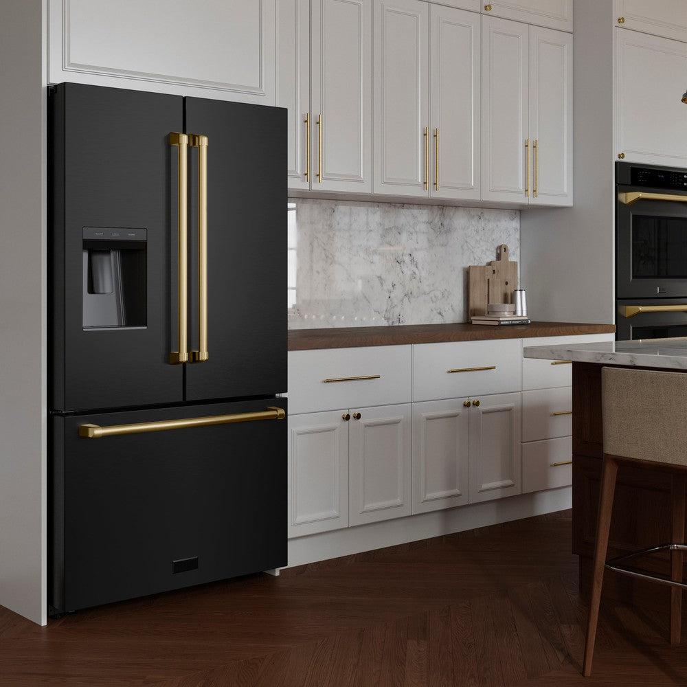 Autograph Edition 36 In. 28.9 Cu. Ft. Standard-depth French Door External Water Dispenser Refrigerator With Dual Ice Maker In Fingerprint-resistant Black Stainless Steel And Polished Gold Tra RSMZW36BSG