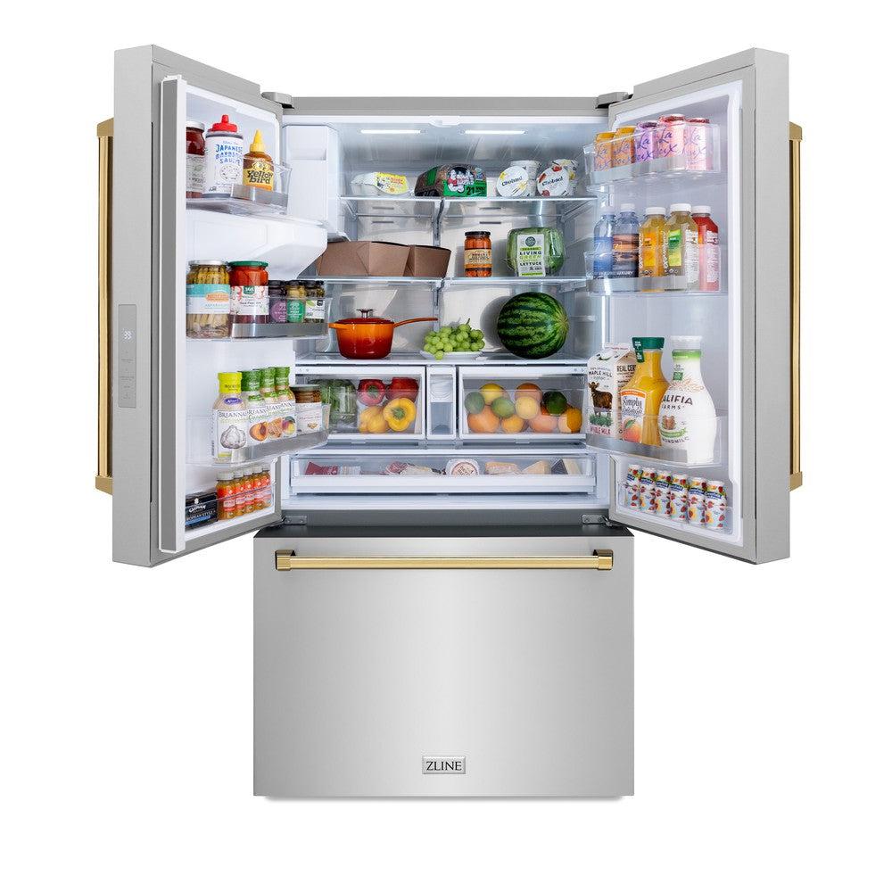 Autograph Edition 36 In. 28.9 Cu. Ft. Standard-depth French Door External Water Dispenser Refrigerator With Dual Ice Maker In Fingerprint-resistant Stainless Steel And Polished Gold Tradition RSMZW36G