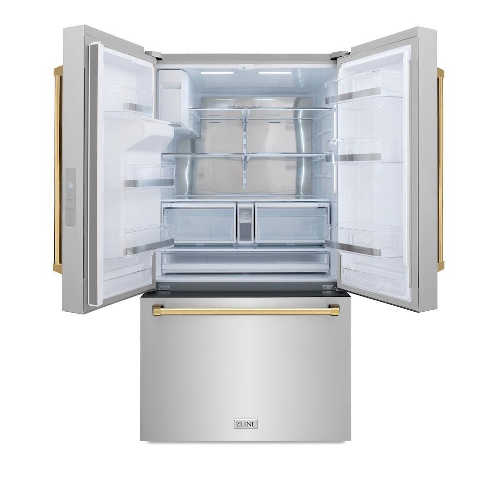 Autograph Edition 36 In. 28.9 Cu. Ft. Standard-depth French Door External Water Dispenser Refrigerator With Dual Ice Maker In Fingerprint-resistant Stainless Steel And Polished Gold Tradition RSMZW36G