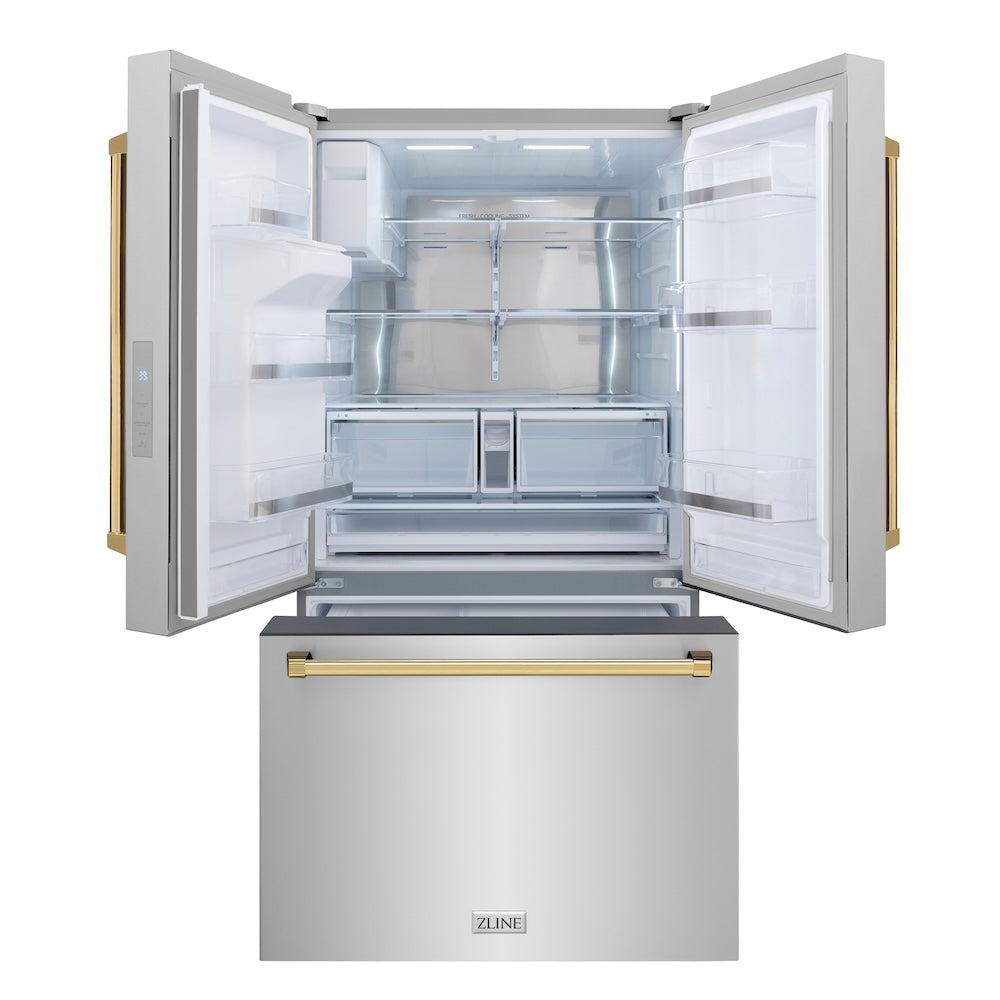 Autograph Edition 36 In. 28.9 Cu. Ft. Standard-depth French Door External Water Dispenser Refrigerator With Dual Ice Maker In Fingerprint-resistant Stainless Steel And Polished Gold Tradition RSMZW36G