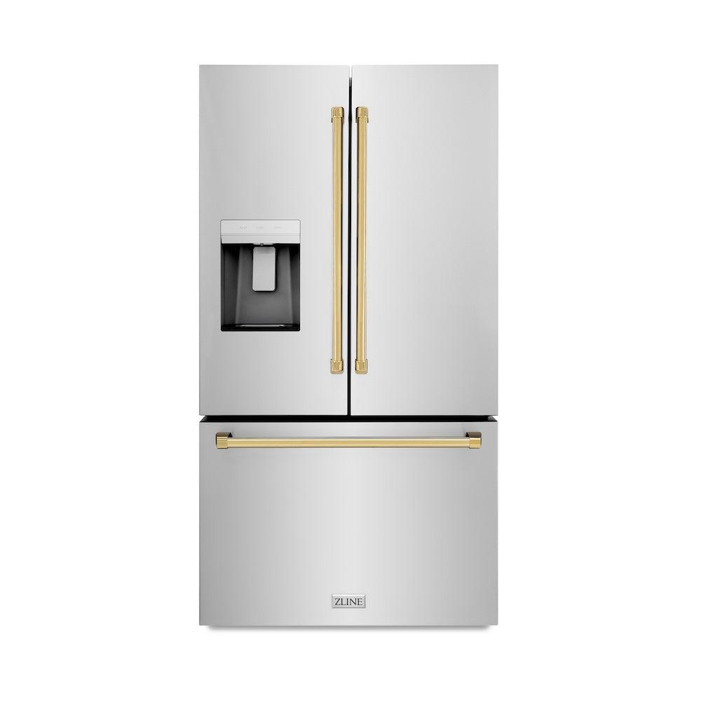 Autograph Edition 36 In. 28.9 Cu. Ft. Standard-depth French Door External Water Dispenser Refrigerator With Dual Ice Maker In Fingerprint-resistant Stainless Steel And Polished Gold Tradition RSMZW36G