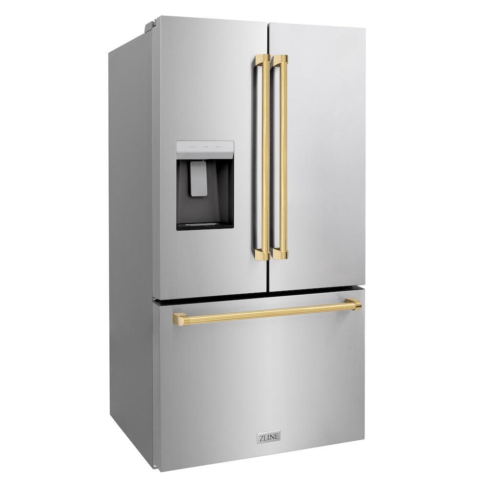 Autograph Edition 36 In. 28.9 Cu. Ft. Standard-depth French Door External Water Dispenser Refrigerator With Dual Ice Maker In Fingerprint-resistant Stainless Steel And Polished Gold Tradition RSMZW36G
