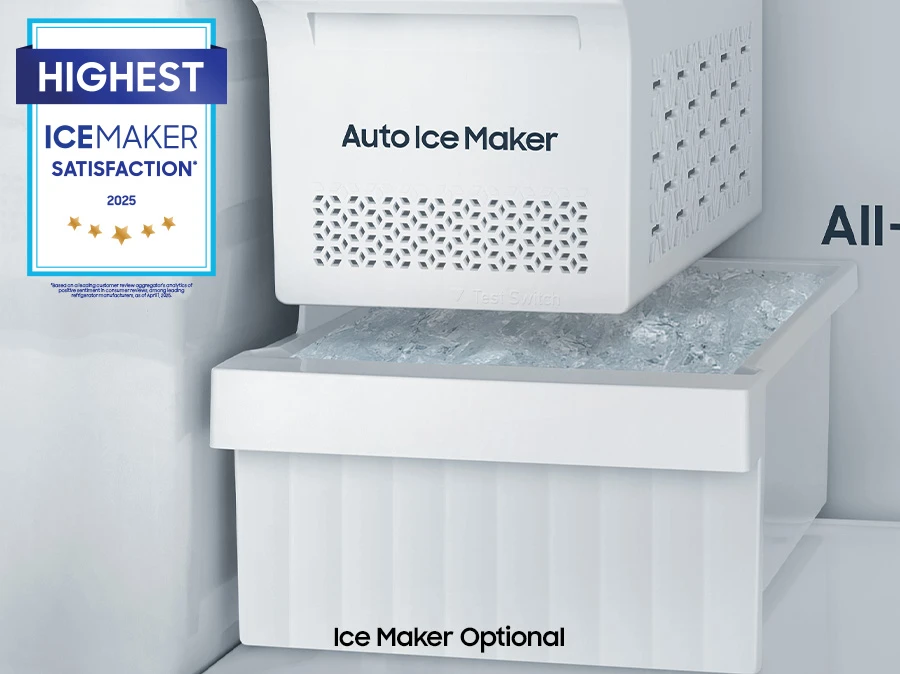 Top freezer refrigerator with door shelves for beverages and gallons, plus fresh produce below