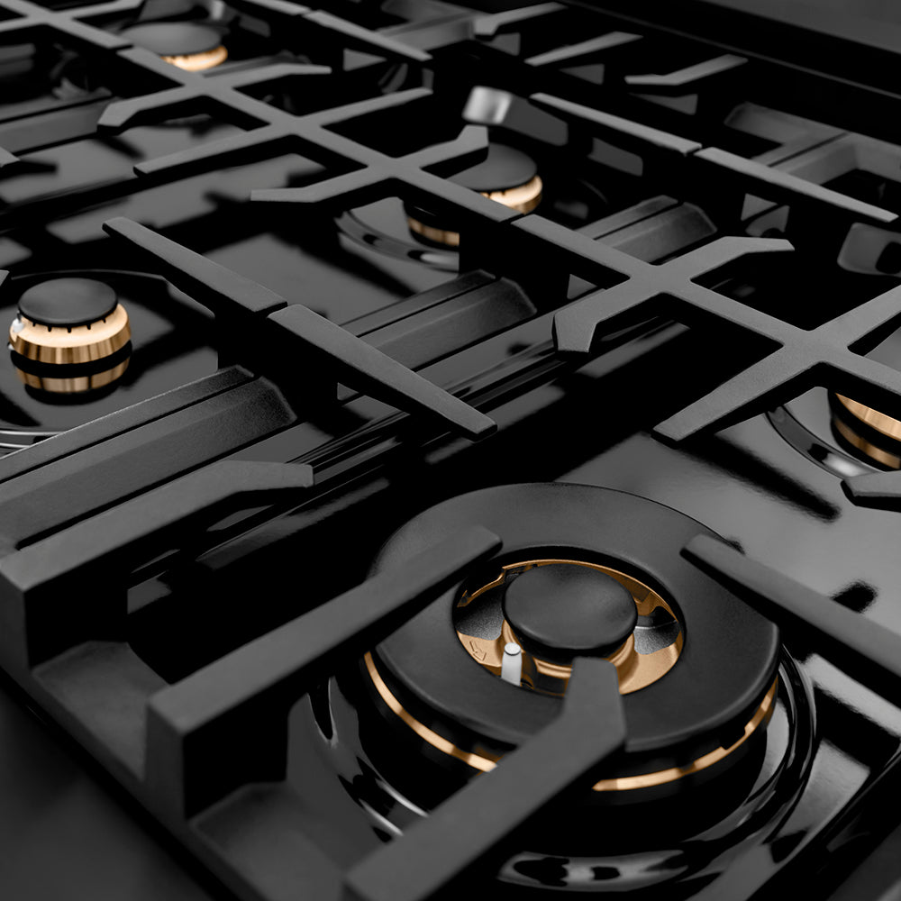 48 In. Classic Gas Rangetop With 8 Brass Burners And Porcelain Cooktop In Black Stainless Steel RTBBR48