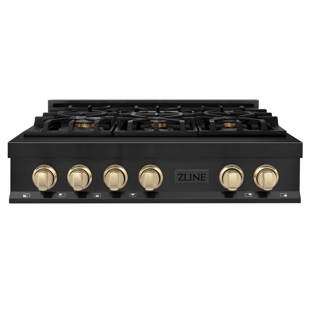 Autograph Edition 36 In. Legacy Gas Rangetop With 6 Burners And Porcelain Cooktop In Black Stainless Steel With Polished Gold Accents RTBZ36G