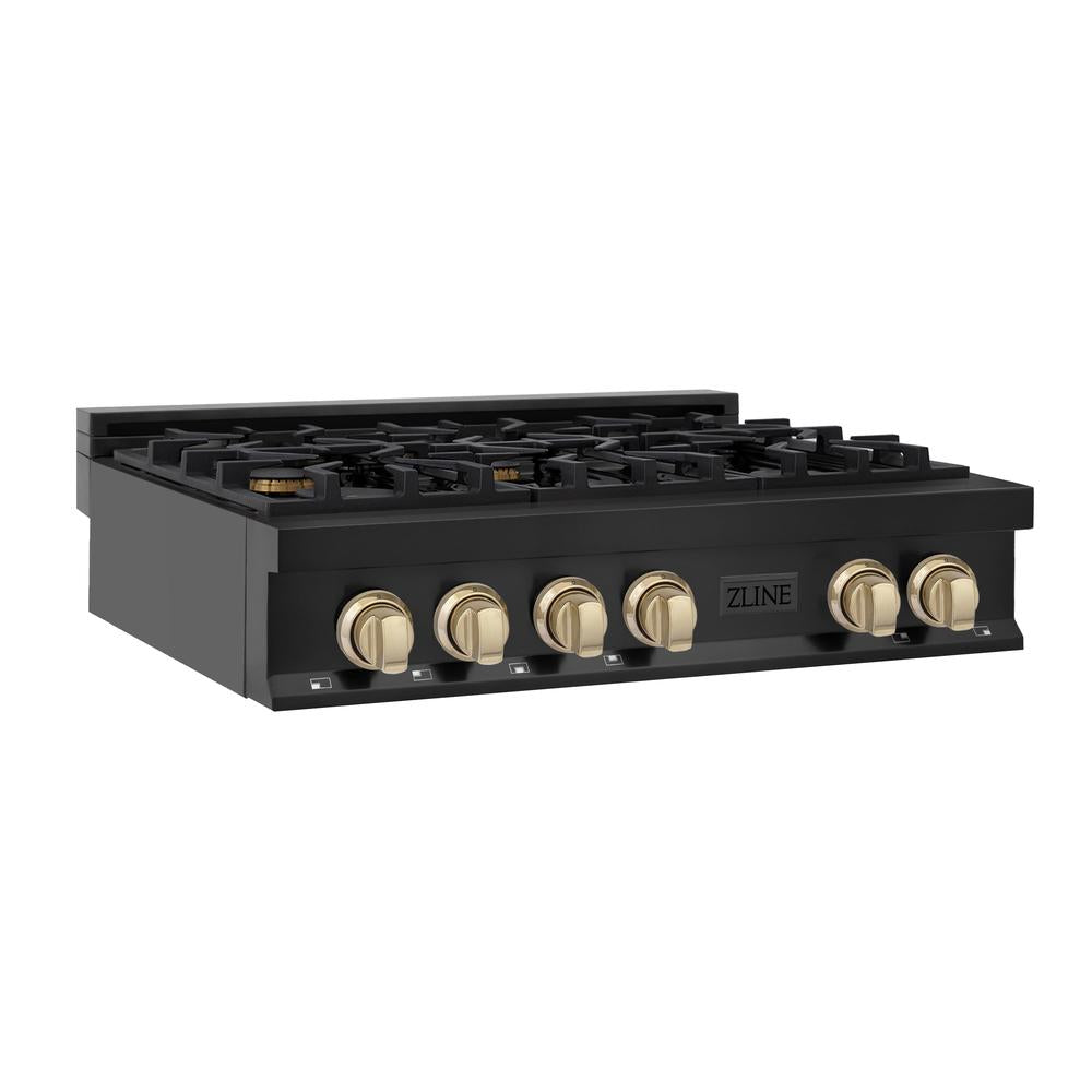 Autograph Edition 36 In. Legacy Gas Rangetop With 6 Burners And Porcelain Cooktop In Black Stainless Steel With Polished Gold Accents RTBZ36G