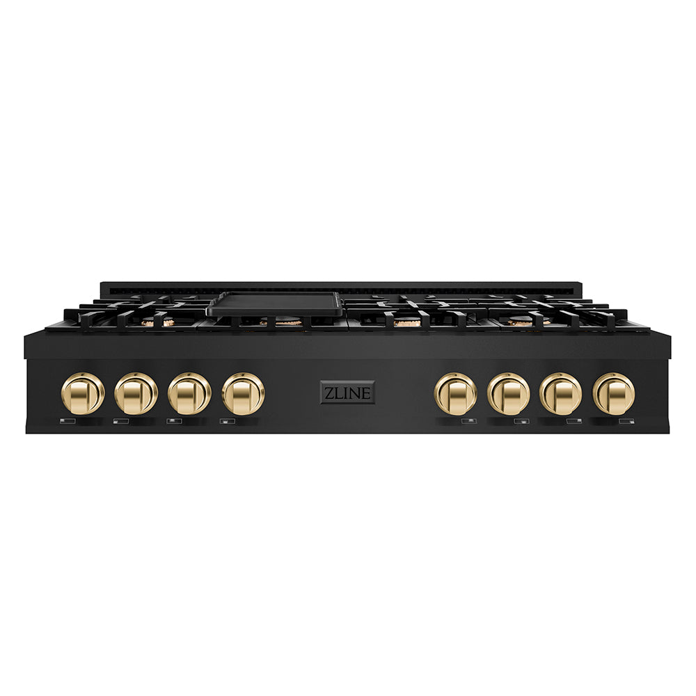 Autograph Edition 48 In. Classic Gas Rangetop With 8 Burners And Porcelain Cooktop In Black Stainless Steel With Polished Gold Accents RTBZ48G