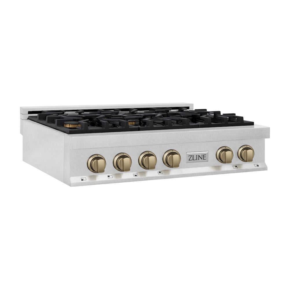 Autograph Edition 36 In. Legacy Gas Rangetop With 6 Burners And Porcelain Cooktop In Satin Stainless Steel With Champagne Bronze Accents RTSZ36CB