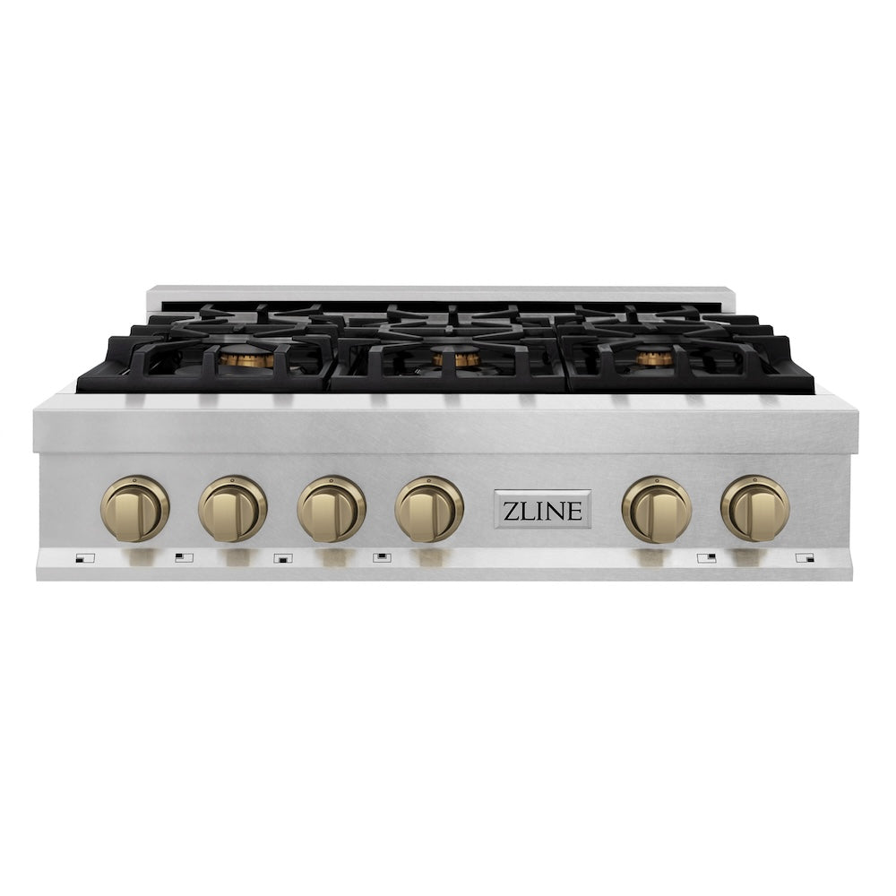 Autograph Edition 36 In. Legacy Gas Rangetop With 6 Burners And Porcelain Cooktop In Satin Stainless Steel With Champagne Bronze Accents RTSZ36CB