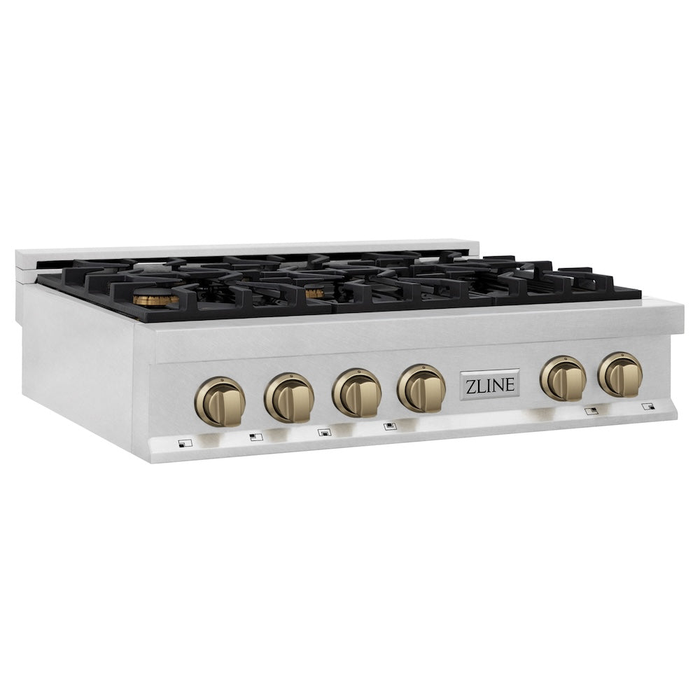 Autograph Edition 36 In. Legacy Gas Rangetop With 6 Burners And Porcelain Cooktop In Satin Stainless Steel With Champagne Bronze Accents RTSZ36CB