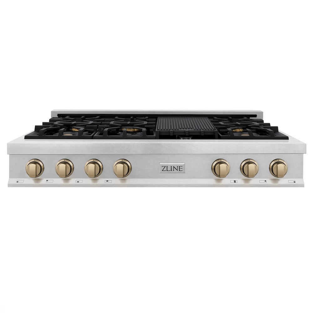 Autograph Edition 48 In. Classic Gas Rangetop With 8 Burners And Porcelain Cooktop In Satin Stainless Steel With Champagne Bronze Accents RTSZ48CB