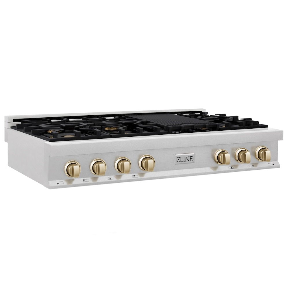 Autograph Edition 48 In. Classic Gas Rangetop With 8 Burners And Porcelain Cooktop In Satin Stainless Steel With Polished Gold Accents RTSZ48G