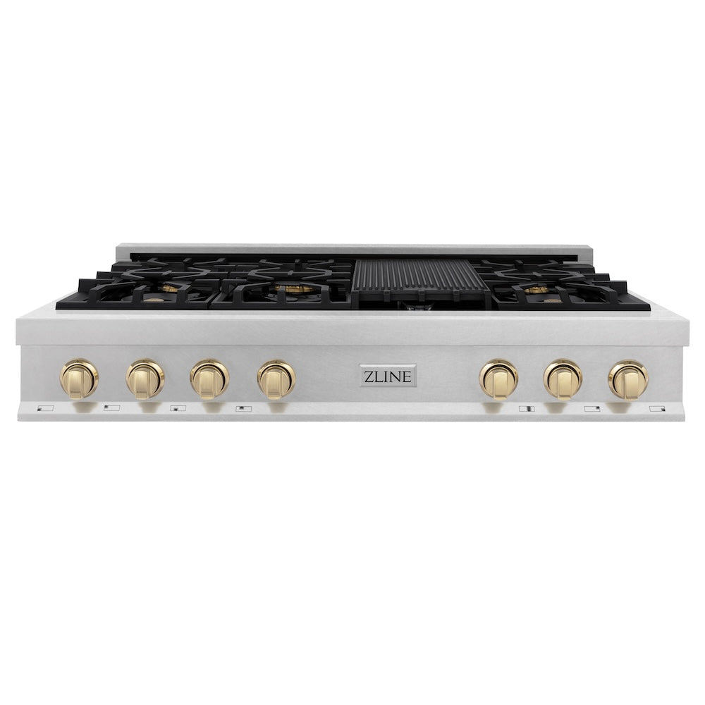 Autograph Edition 48 In. Classic Gas Rangetop With 8 Burners And Porcelain Cooktop In Satin Stainless Steel With Polished Gold Accents RTSZ48G