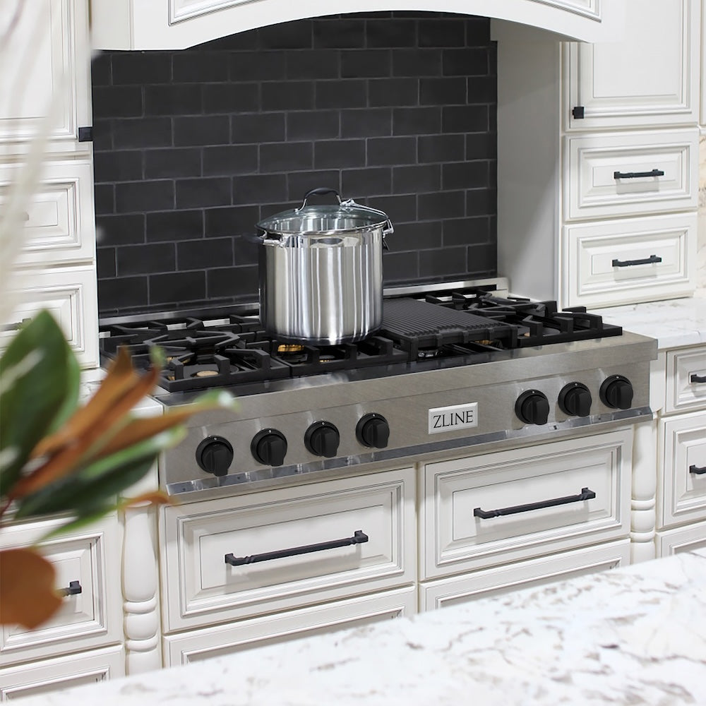 Autograph Edition 48 In. Classic Gas Rangetop With 8 Burners And Porcelain Cooktop In Satin Stainless Steel With Matte Black Accents RTSZ48MB