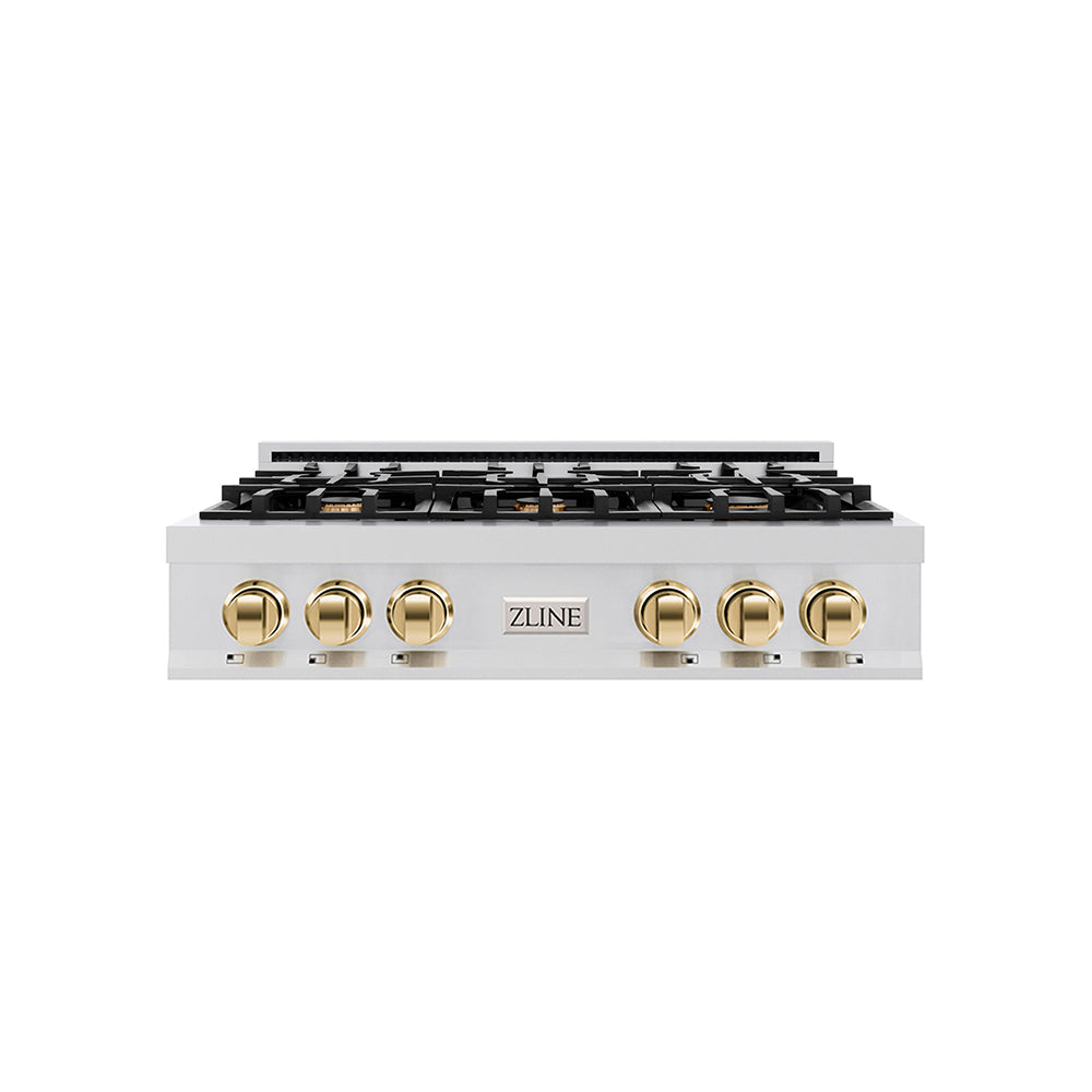 Autograph Edition 36 In. Classic Gas Rangetop With 6 Burners And Porcelain Cooktop In Stainless Steel With Polished Gold Accents RTZ36G