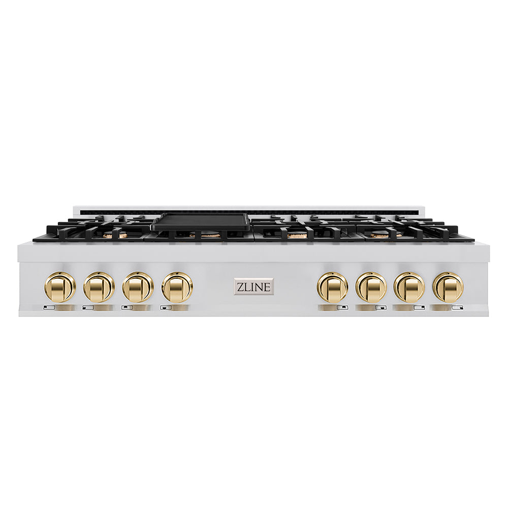 Autograph Edition 48 In. Classic Gas Rangetop With 8 Burners And Porcelain Cooktop In Stainless Steel With Polished Gold Accents RTZ48G