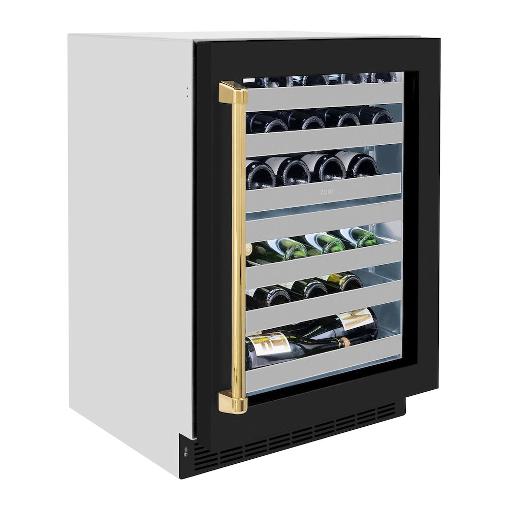 Autograph Edition 24 In. Touchstone Dual Zone 44 Bottle Wine Cooler With Black Matte Glass Door And Polished Gold Handle RWDOZBLM24G