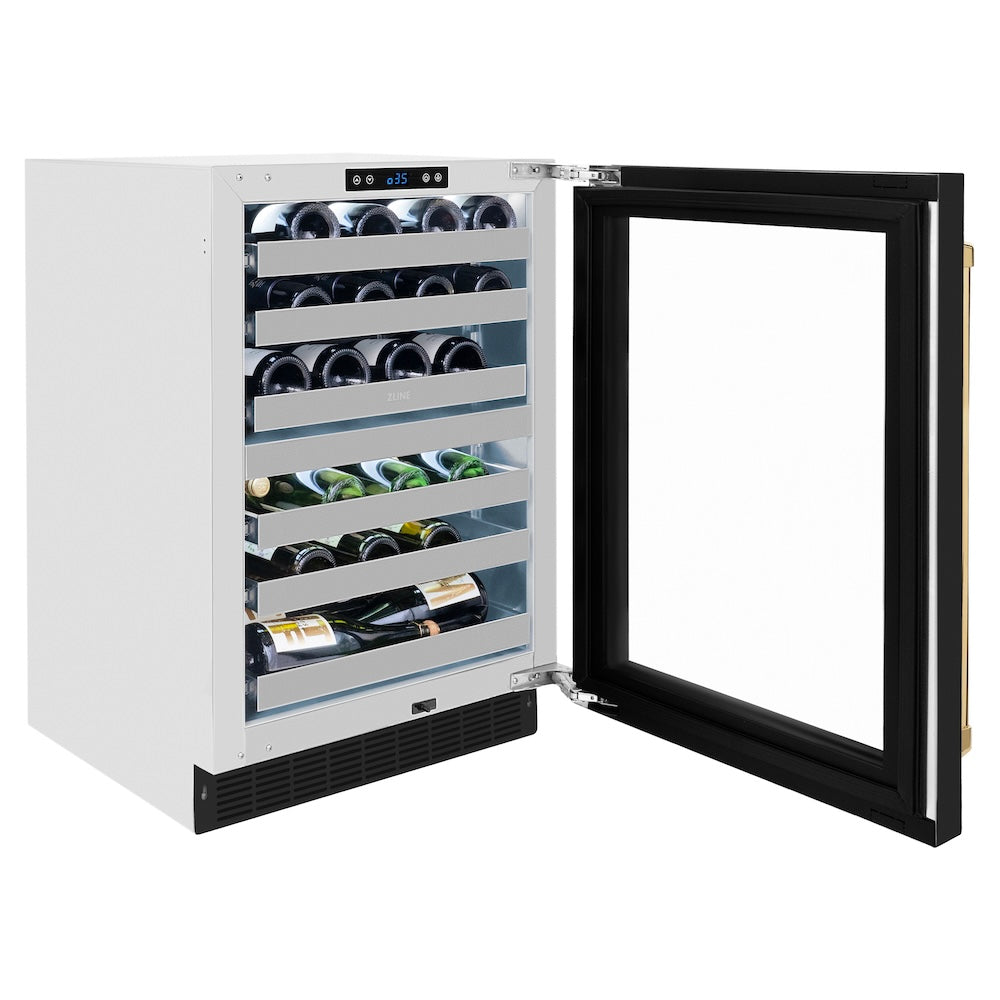 Autograph Edition 24 In. Touchstone Dual Zone 44 Bottle Wine Cooler With Black Matte Glass Door And Polished Gold Handle RWDOZBLM24G