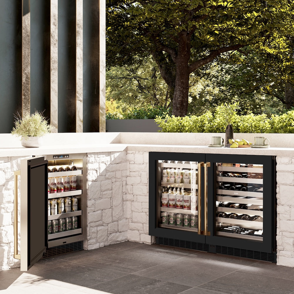 Autograph Edition 24 In. Touchstone Dual Zone 44 Bottle Wine Cooler With Black Matte Glass Door And Polished Gold Handle RWDOZBLM24G