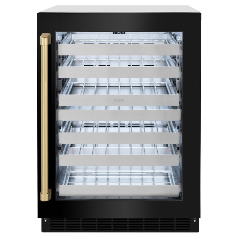 ZLINE Autograph Edition 24 in. Touchstone Dual Zone 44 Bottle Wine Cooler With Black Stainless Steel Glass Door And Champagne Bronze Handle (RWDOZ-BS-24-CB) RWDOZBS24CB
