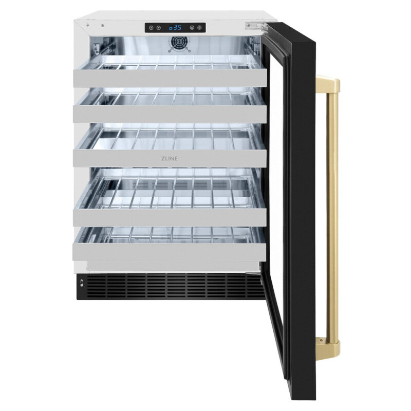ZLINE Autograph Edition 24 in. Touchstone Dual Zone 44 Bottle Wine Cooler With Black Stainless Steel Glass Door And Champagne Bronze Handle (RWDOZ-BS-24-CB) RWDOZBS24CB
