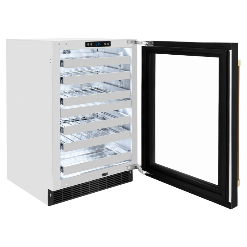 ZLINE Autograph Edition 24 in. Touchstone Dual Zone 44 Bottle Wine Cooler With Black Stainless Steel Glass Door And Champagne Bronze Handle (RWDOZ-BS-24-CB) RWDOZBS24CB