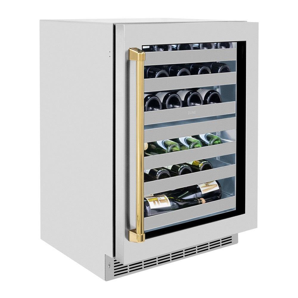 Autograph Edition 24 In. Touchstone Dual Zone 44 Bottle Wine Cooler With Stainless Steel Glass Door And Polished Gold Handle RWDOZGS24G