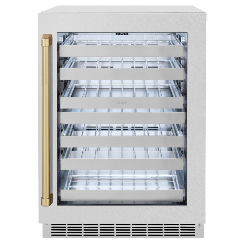 ZLINE Autograph Edition 24 in. Touchstone Dual Zone 44 Bottle Wine Cooler With DuraSnow® Stainless Steel Glass Door And Champagne Bronze Handle (RWDOZ-SN-24-CB) RWDOZSN24CB