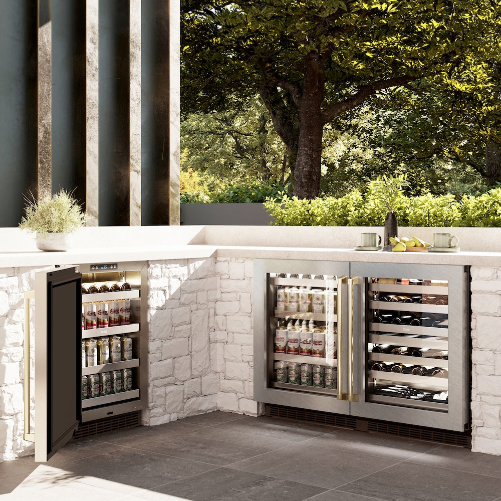 Autograph Edition 24 In. Touchstone Dual Zone 44 Bottle Wine Cooler With Satin Stainless Steel Glass Door And Champagne Bronze Handle RWDOZSN24CB