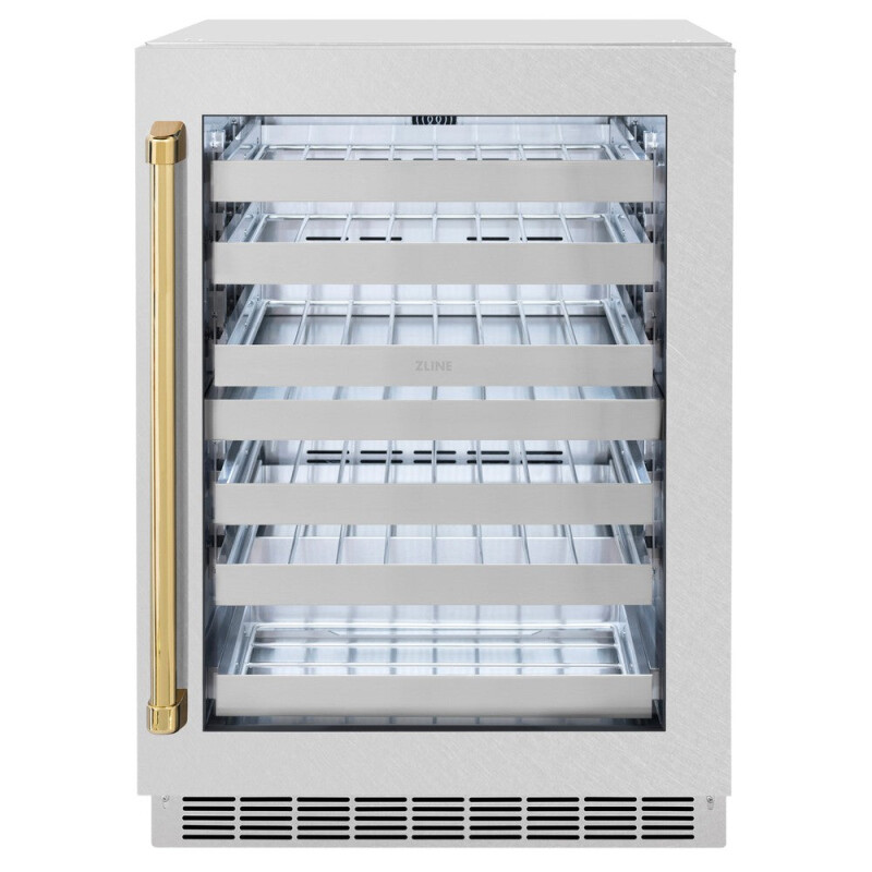 ZLINE Autograph Edition 24 in. Touchstone Dual Zone 44 Bottle Wine Cooler With DuraSnow® Stainless Steel Glass Door And Polished Gold Handle (RWDOZ-SN-24-G) RWDOZSN24G