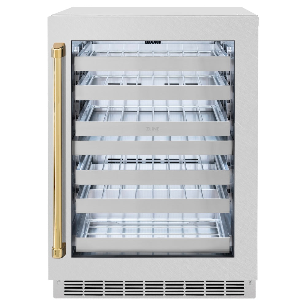 Autograph Edition 24 In. Touchstone Dual Zone 44 Bottle Wine Cooler With Satin Stainless Steel Glass Door And Polished Gold Handle RWDOZSN24G