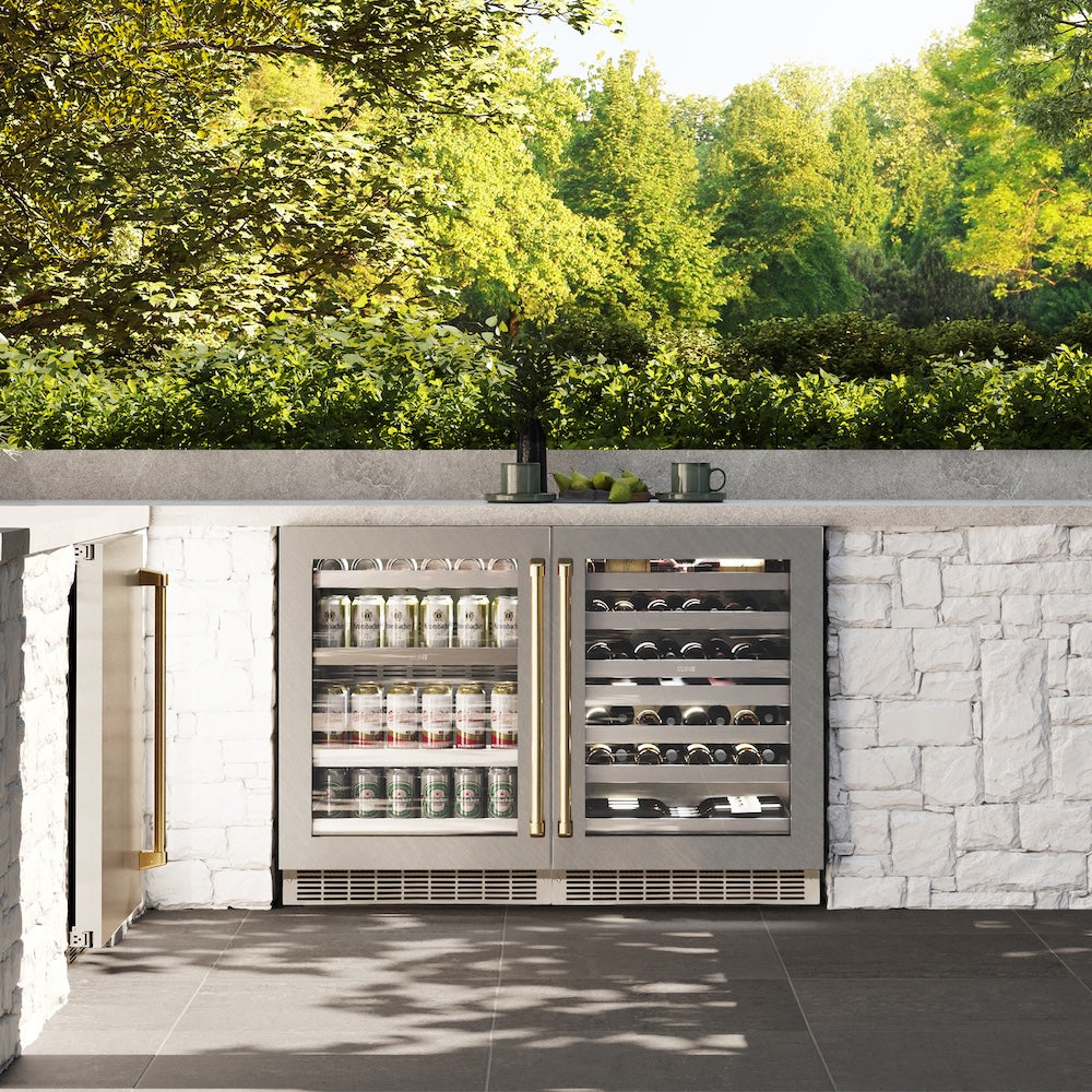 Autograph Edition 24 In. Touchstone Dual Zone 44 Bottle Wine Cooler With Satin Stainless Steel Glass Door And Polished Gold Handle RWDOZSN24G