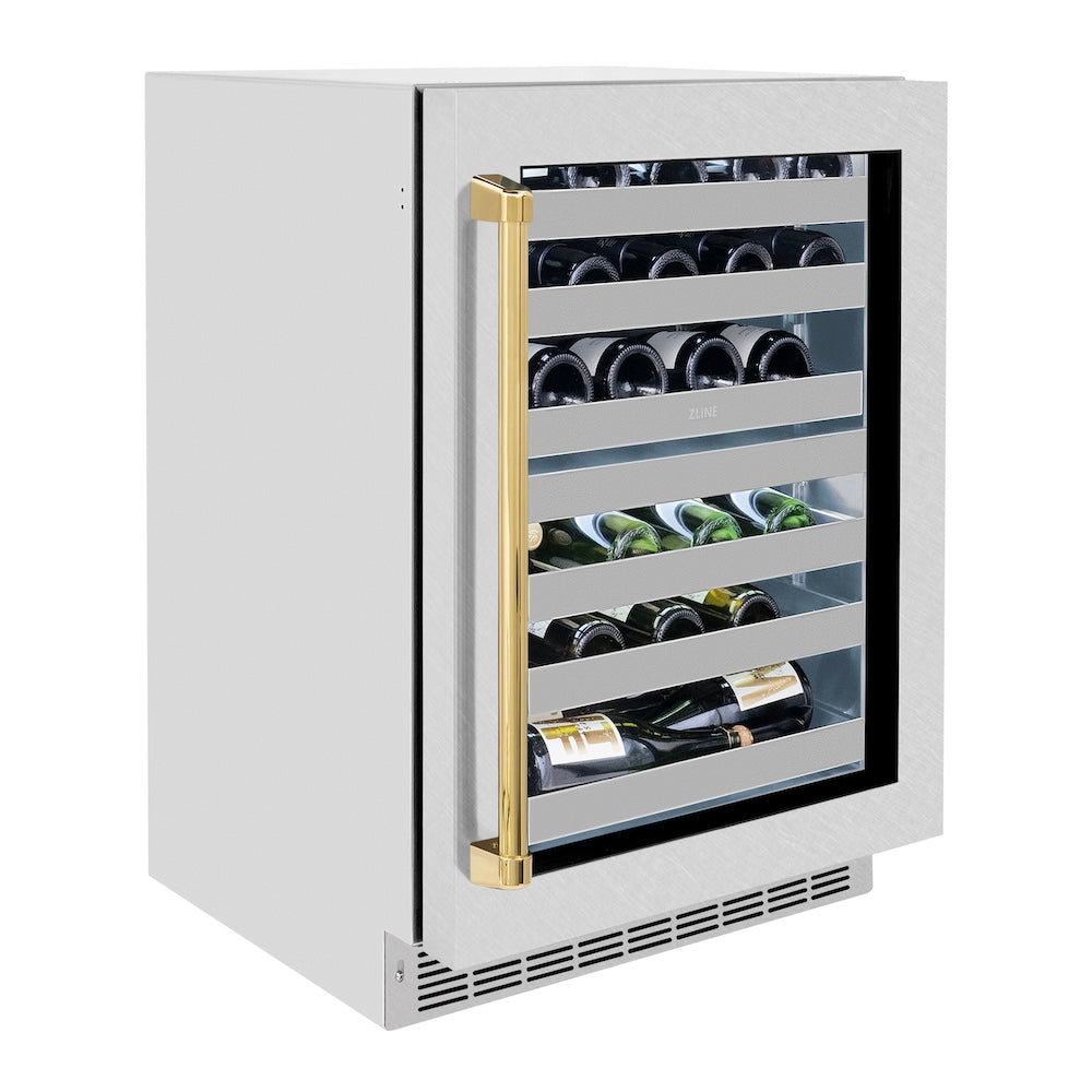 Autograph Edition 24 In. Touchstone Dual Zone 44 Bottle Wine Cooler With Satin Stainless Steel Glass Door And Polished Gold Handle RWDOZSN24G